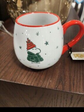 Peanuts White Ceramic Mug with Red Trim and Green Snoopy - Cozy And Warm